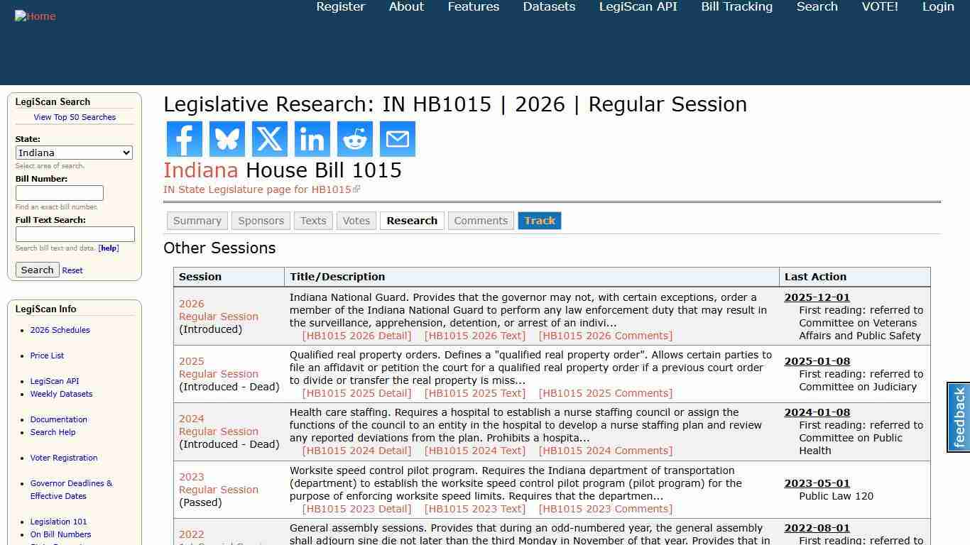 Legislative Research: IN HB1015 2026 Regular Session LegiScan