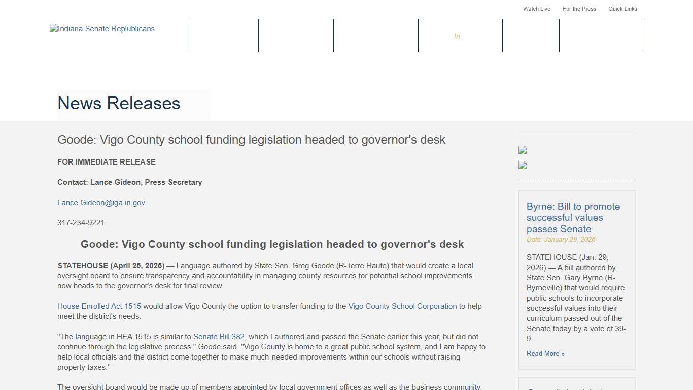 Goode: Vigo County school funding legislation headed to governor's desk